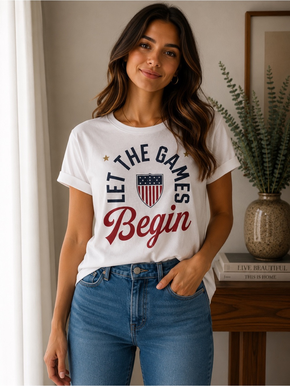 Women's White 'Let The Games Begin' Graphic Tee